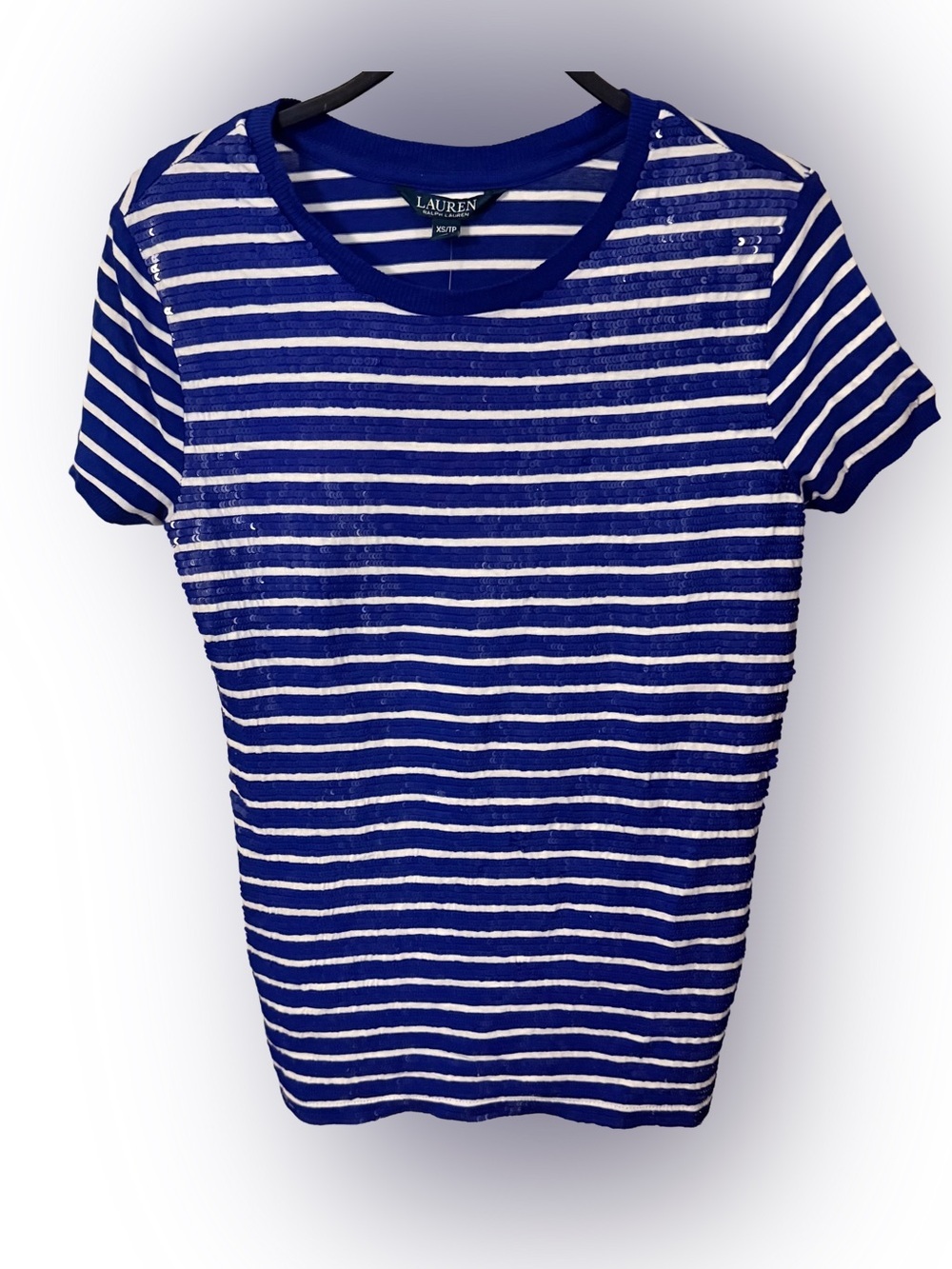 Lauren Ralph Lauren Blue And White Striped Sequins Short Sleeve Top NWT Sz XS